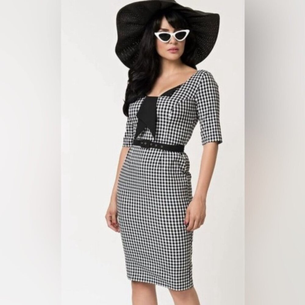 GLAMOUR BUNNY Jacky‎ 60s Jacky Pencil Dress Gingham Back Slit Chic Bow Size XS
